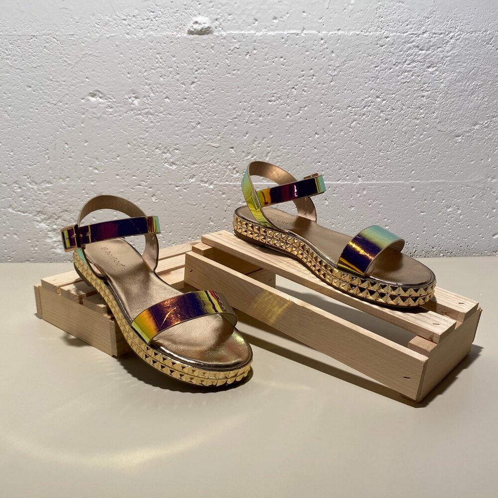 Bamboo Women's Iridescent Buckled Ankle Stud Wedges